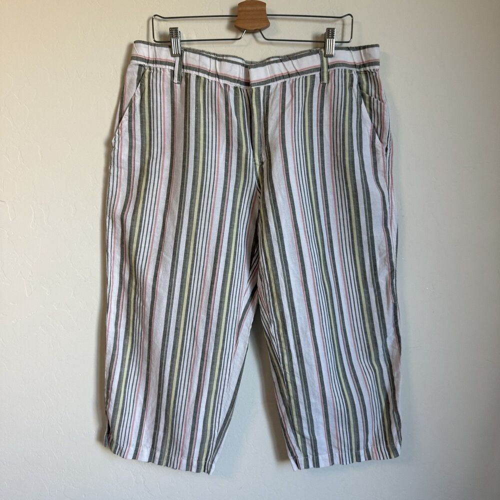 Linen Blend LG Striped Crop Wide Leg Pants Coastal Lagenlook Comfort Breathable